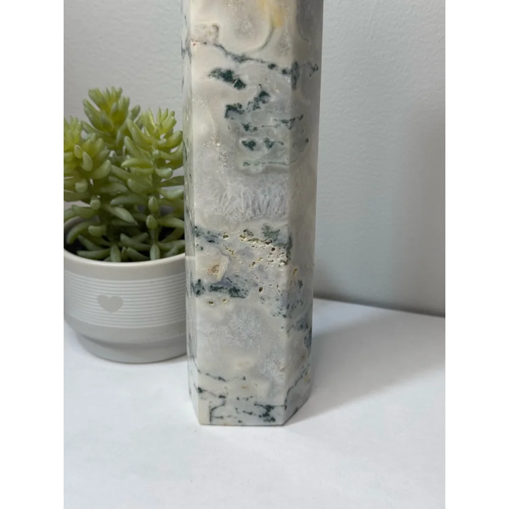 Green/White Moss Agate Druzy Tower